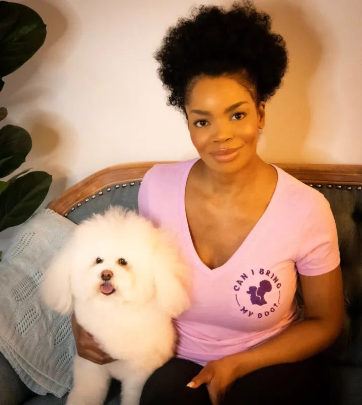 "Can I Bring My Dog?" - Black Woman Silhouette - Deep V-Neck Tee sold by Swaggles