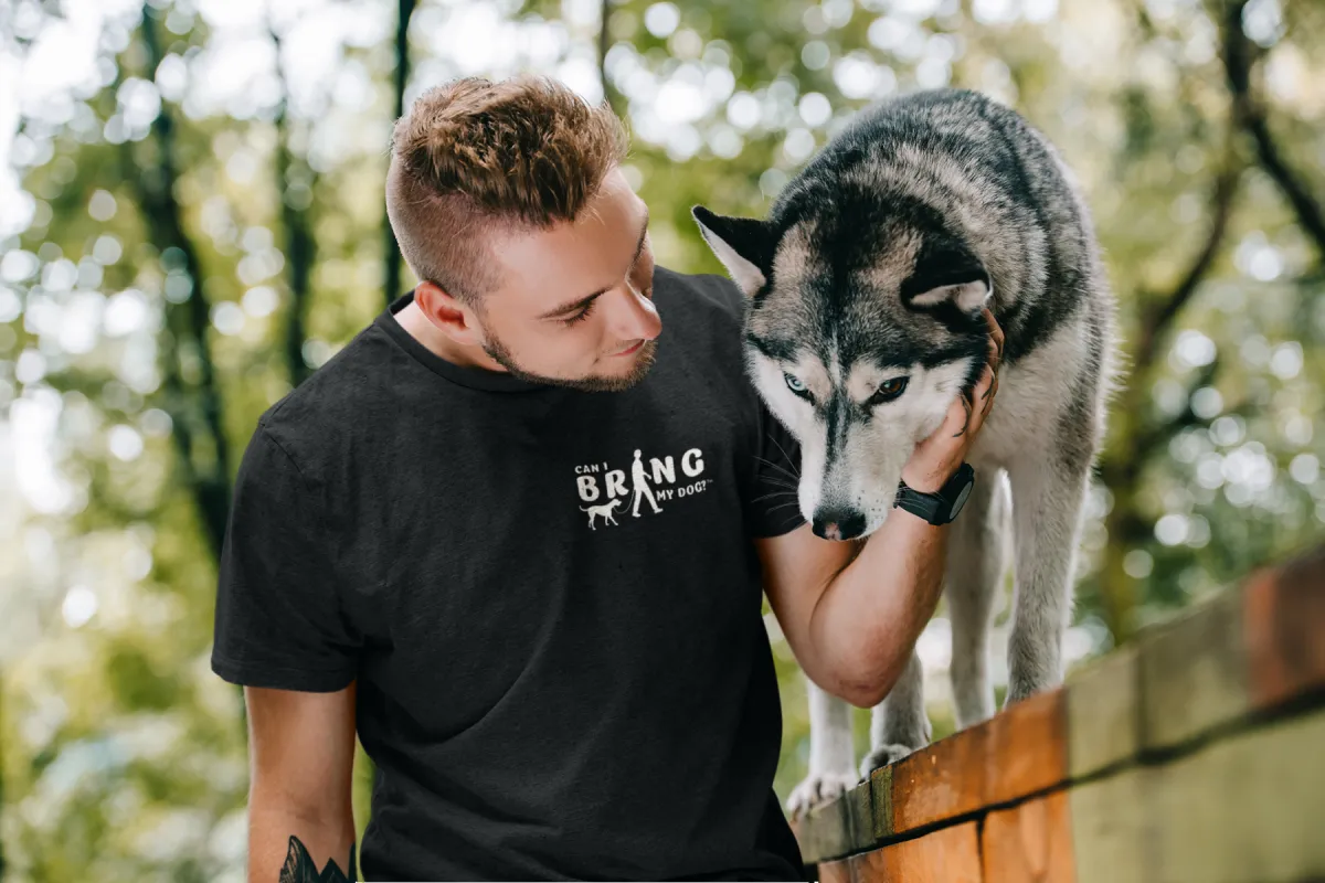 "Can I Bring My Dog?" - Man Walking - Crew Neck Tee sold by Swaggles