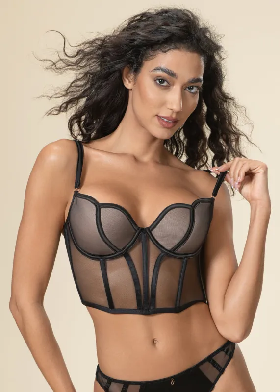 MARLENE Underwired Black Mesh Demi Corset Long Bra sold by UCA Lingerie