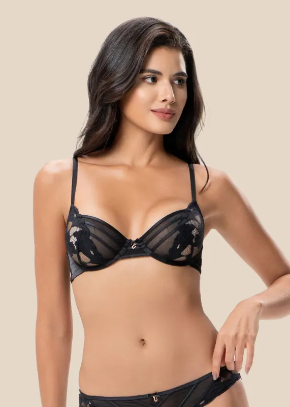 FLORA Seductive Underwired Unlined Black Demi Lace Bra sold by UCA Lingerie