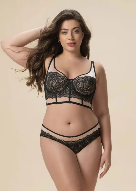 DOVE Plus Black Pink Lace Underwired Long Plunge Bra with Cut & Sewn Cups sold by UCA Lingerie