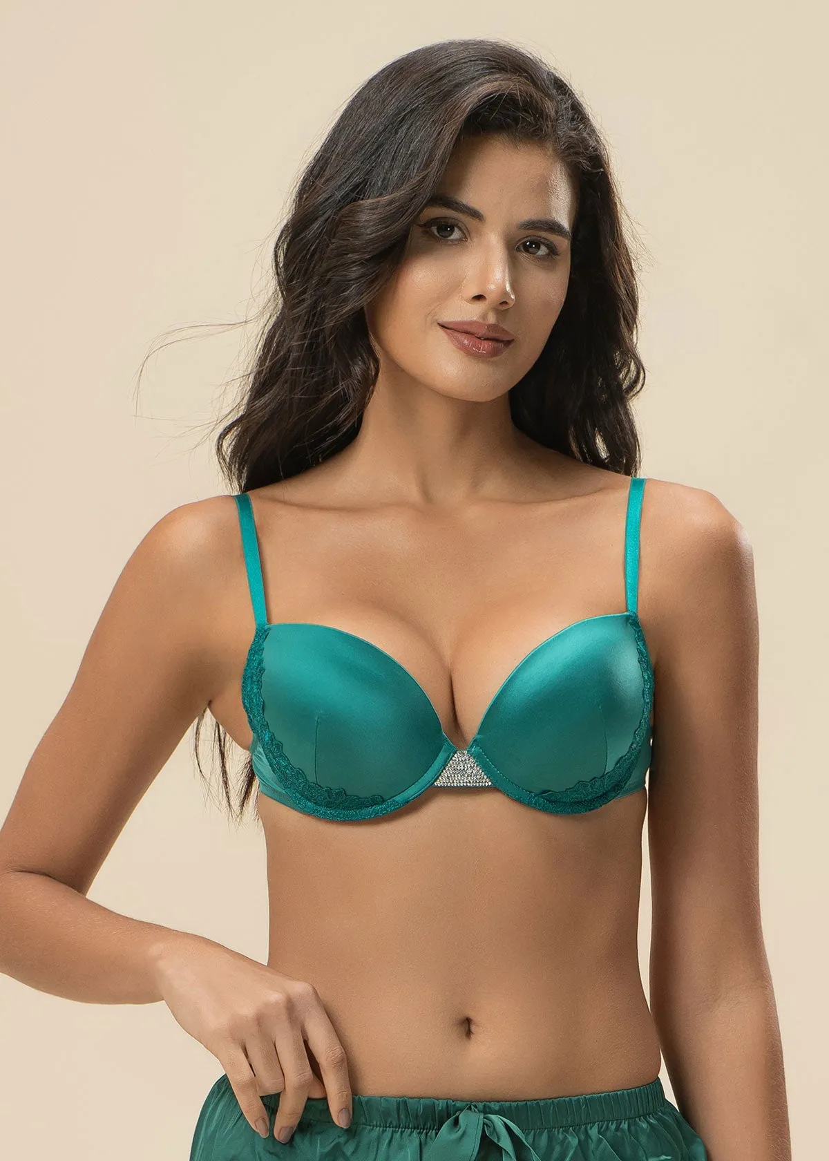 KIMBERLEY Green Lace Push-Up Wired Demi Bra with Removable Padding sold by UCA Lingerie