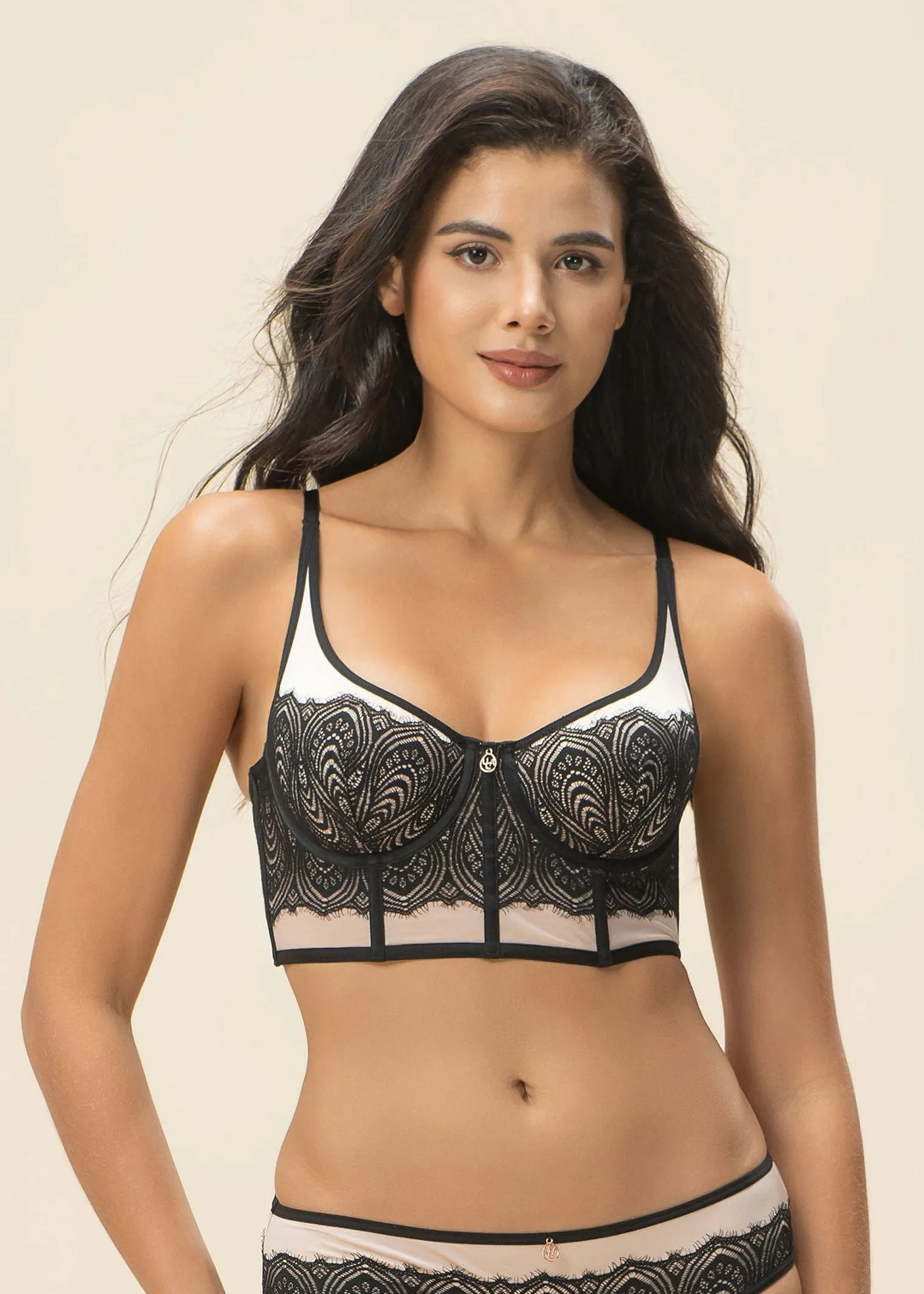 DOVE Black Pink Lace Underwired Long Plunge Bra with Cut & Sewn Cups sold by UCA Lingerie