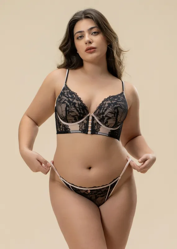 ELSA Plus Sexy Black Floral Lace Underwired Unlined Demi Long Bra sold by UCA Lingerie