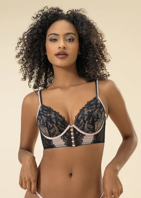 ELSA Sexy Black Floral Lace Underwired Unlined Demi Long Bra sold by UCA Lingerie