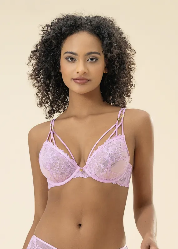 CHERIE Floral Pink Lace Underwire Unlined Plunge Half-Moon Soft Pads Bra sold by UCA Lingerie