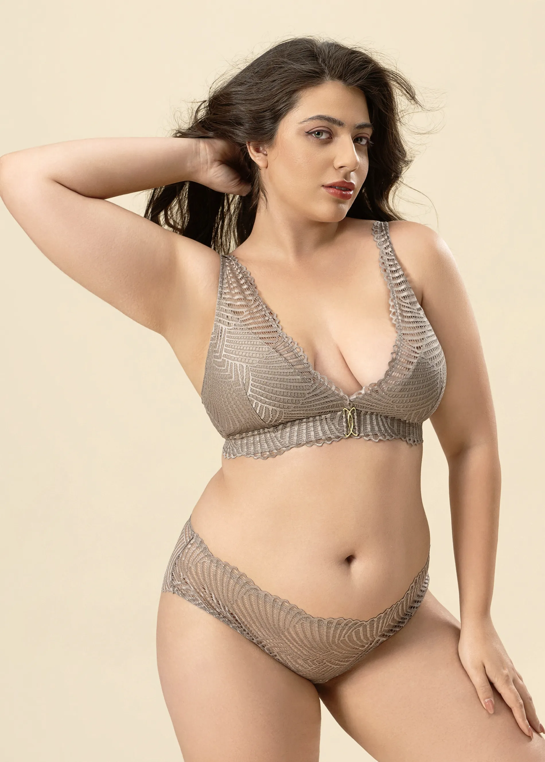 MANDY Plus Back-Closure Brown Lace Triangle Bralette sold by UCA Lingerie