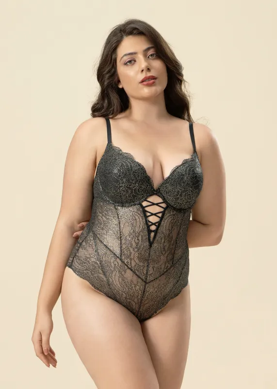 AMBER Plus Sexy Push-up Black Foil Printed Gold Lace Bodysuit sold by UCA Lingerie