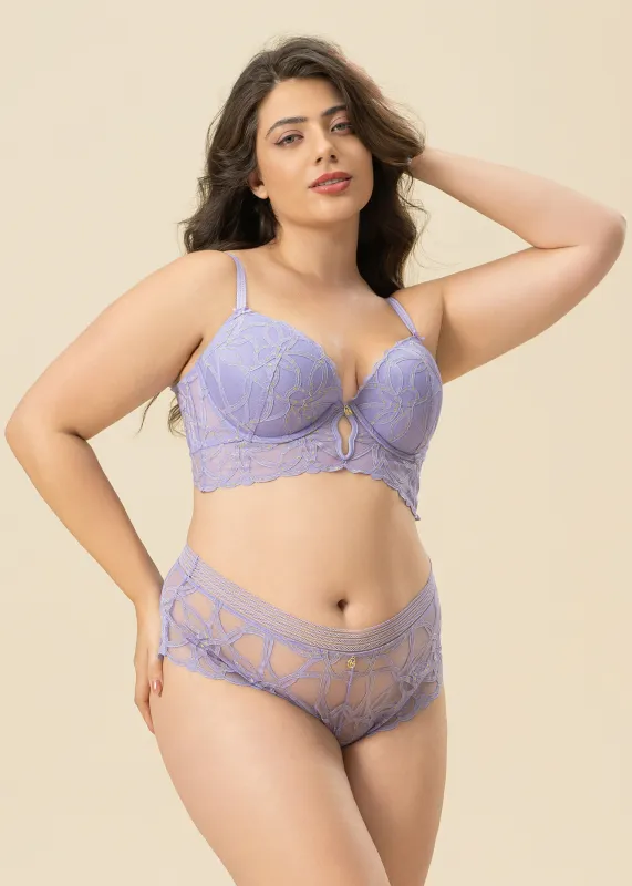 XIMENA Plus Purple Lace Golden Thread Push-Up Underwired Demi Long Bra sold by UCA Lingerie