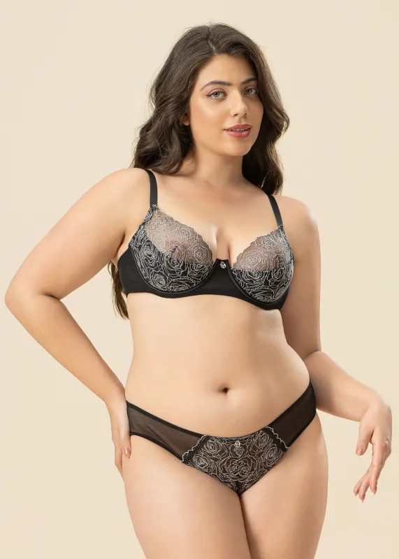 PAULA Plus Sexy Black Lace Unlined Demi Bra In Sparkling Embroidery sold by UCA Lingerie