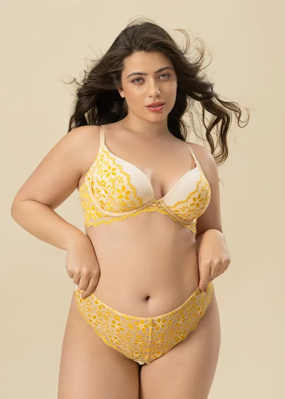 ROSALIE Plus Ginger Yellow Push-Up Underwired Floral Lace Demi Bra sold by UCA Lingerie