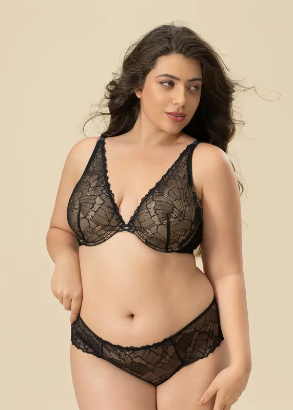 JENNIFER Plus Sexy Black Recycle Lace Underwired Plunge Molded Cup Bra sold by UCA Lingerie