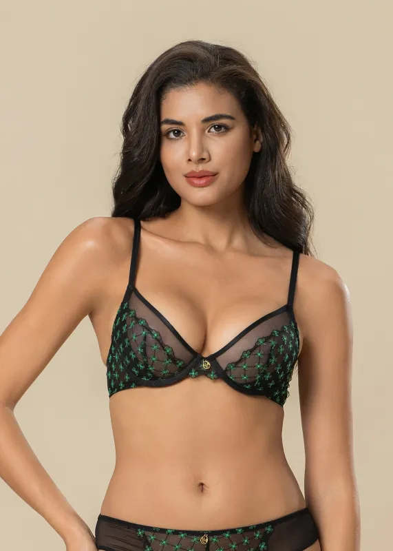 JOCELYN Sexy Black Lace Underwired Demi Bra With Green Floral Embroidery sold by UCA Lingerie