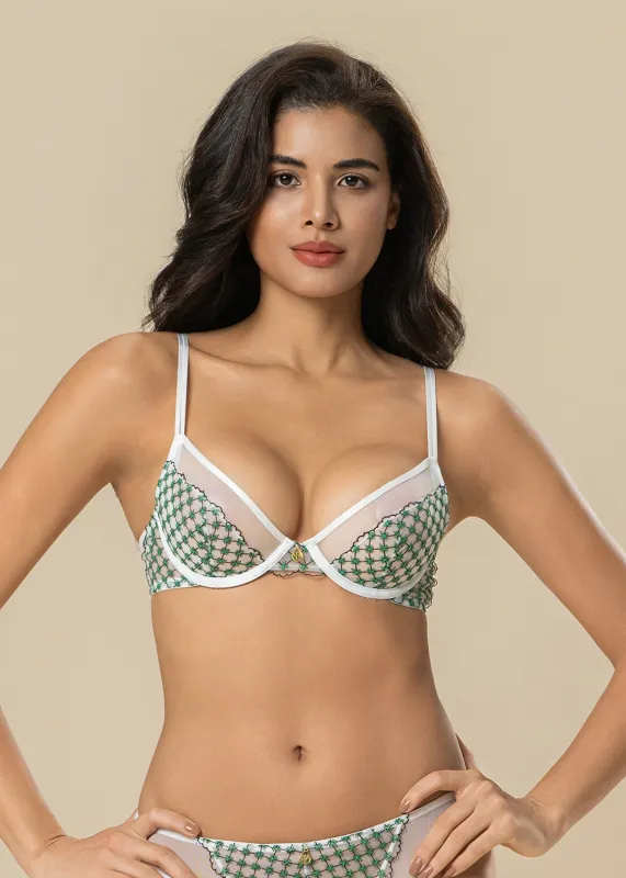 JOCELYN Delicate White Lace Underwired Demi Bra With Green Floral Embroidery sold by UCA Lingerie