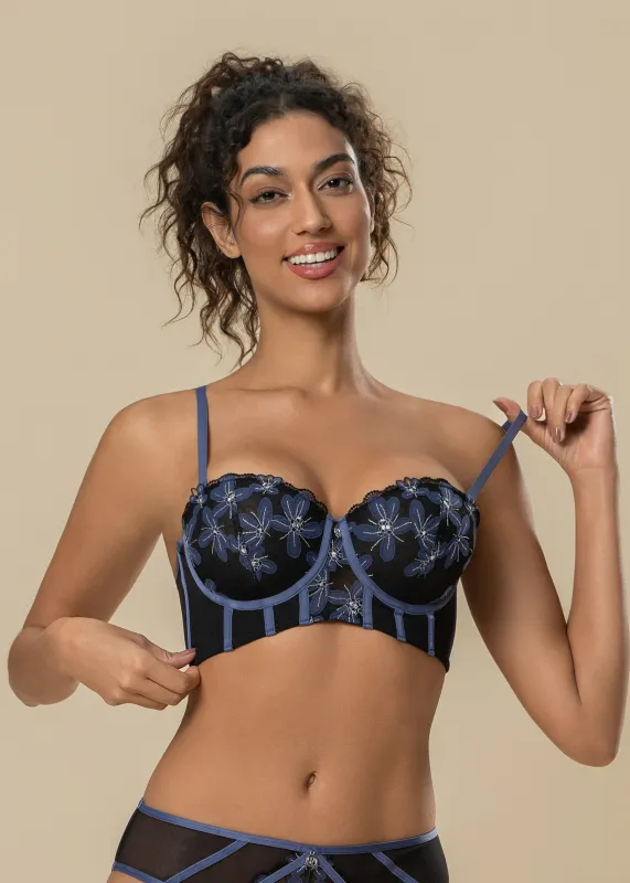 RILEY Sexy Navy Blue Floral Embroidery Lace Underwired Balconette Long Bra sold by UCA Lingerie