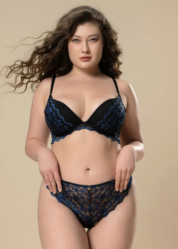 ROSALIE Plus Black Blue Floral Lace Lingerie Set sold by UCA Lingerie