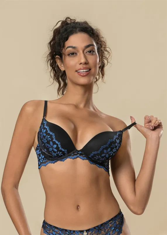 ROSALIE Black Blue Push-Up Underwired Floral Lace Demi Bra sold by UCA Lingerie