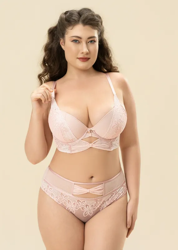 LINA Plus Pink Floral Lace Underwired Plunge Long Bra sold by UCA Lingerie