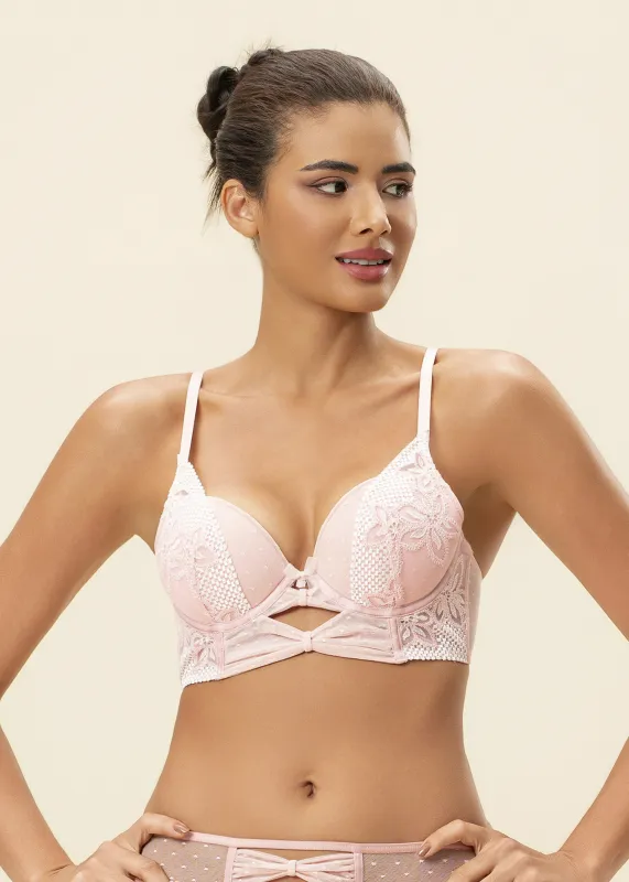 LINA Pink Floral Lace Underwired Plunge Long Bra sold by UCA Lingerie