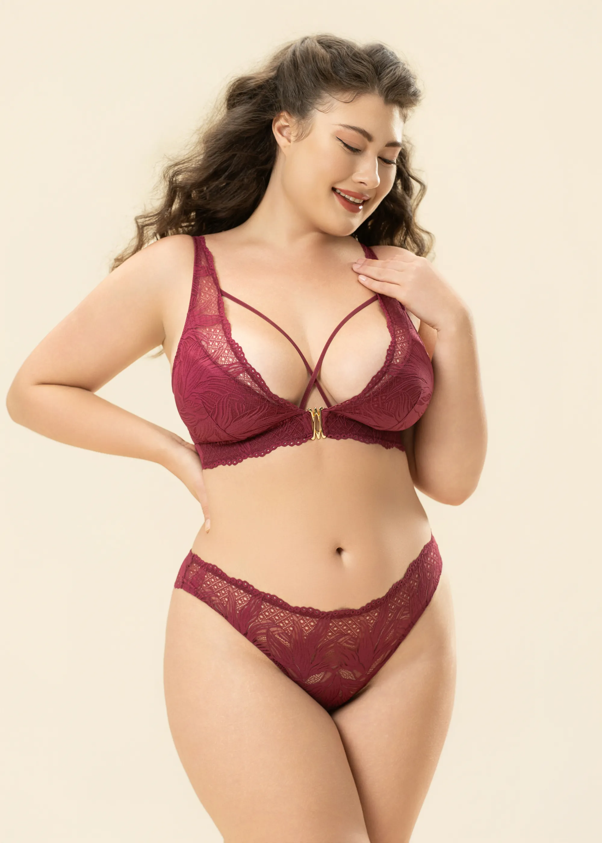 MIRA Plus Back-Closure Red Lace Wireless Bralette Triangle Plunge Bra sold by UCA Lingerie product image thumbnail 4