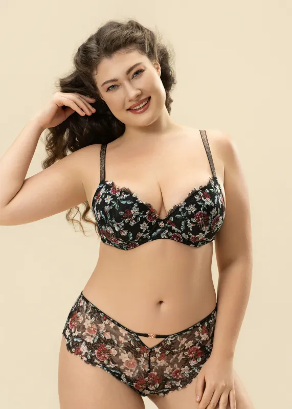 TOVE Plus Black Lace Wired Demi Bra With Vibrant Flowers made by UCA Lingerie