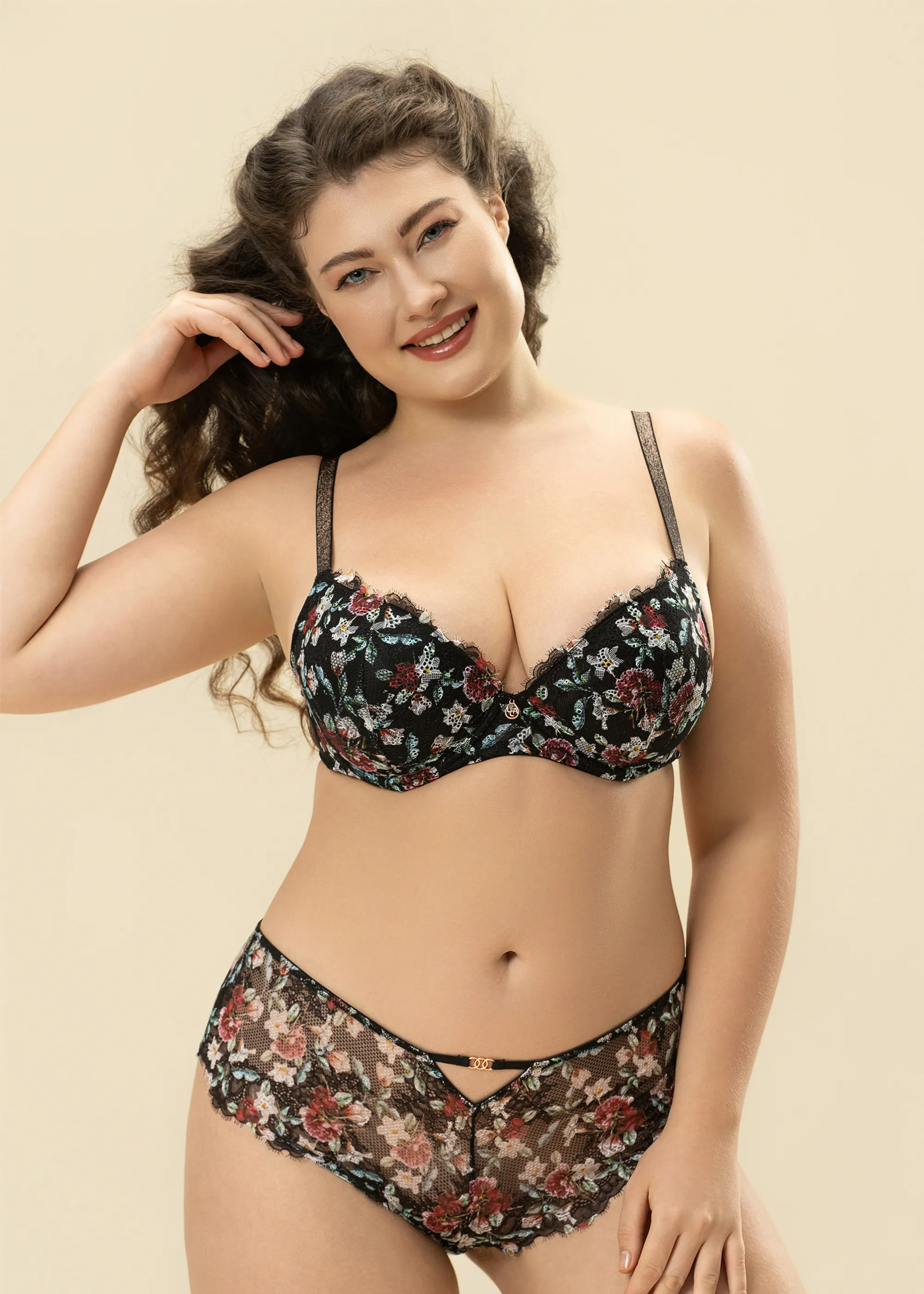 TOVE Plus Black Lace Wired Demi Bra With Vibrant Flowers sold by UCA Lingerie
