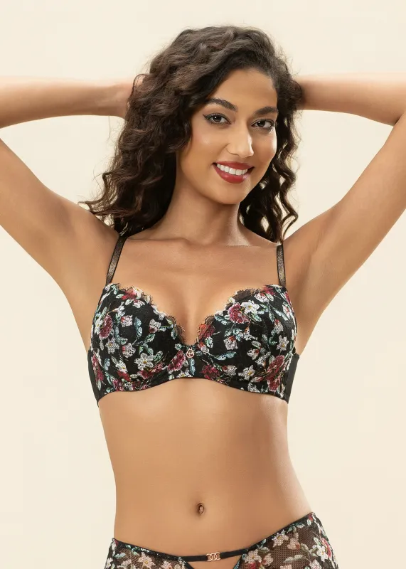 TOVE Black Lace Wired Demi Bra With Vibrant Flowers made by UCA Lingerie