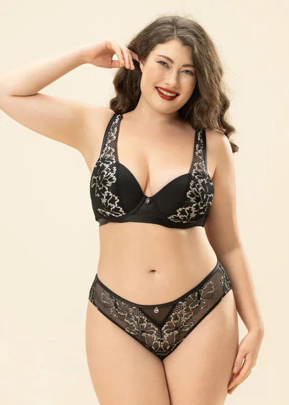 ROWAN Plus Black Metallic Lace Molded Cup Plunge Bra sold by UCA Lingerie