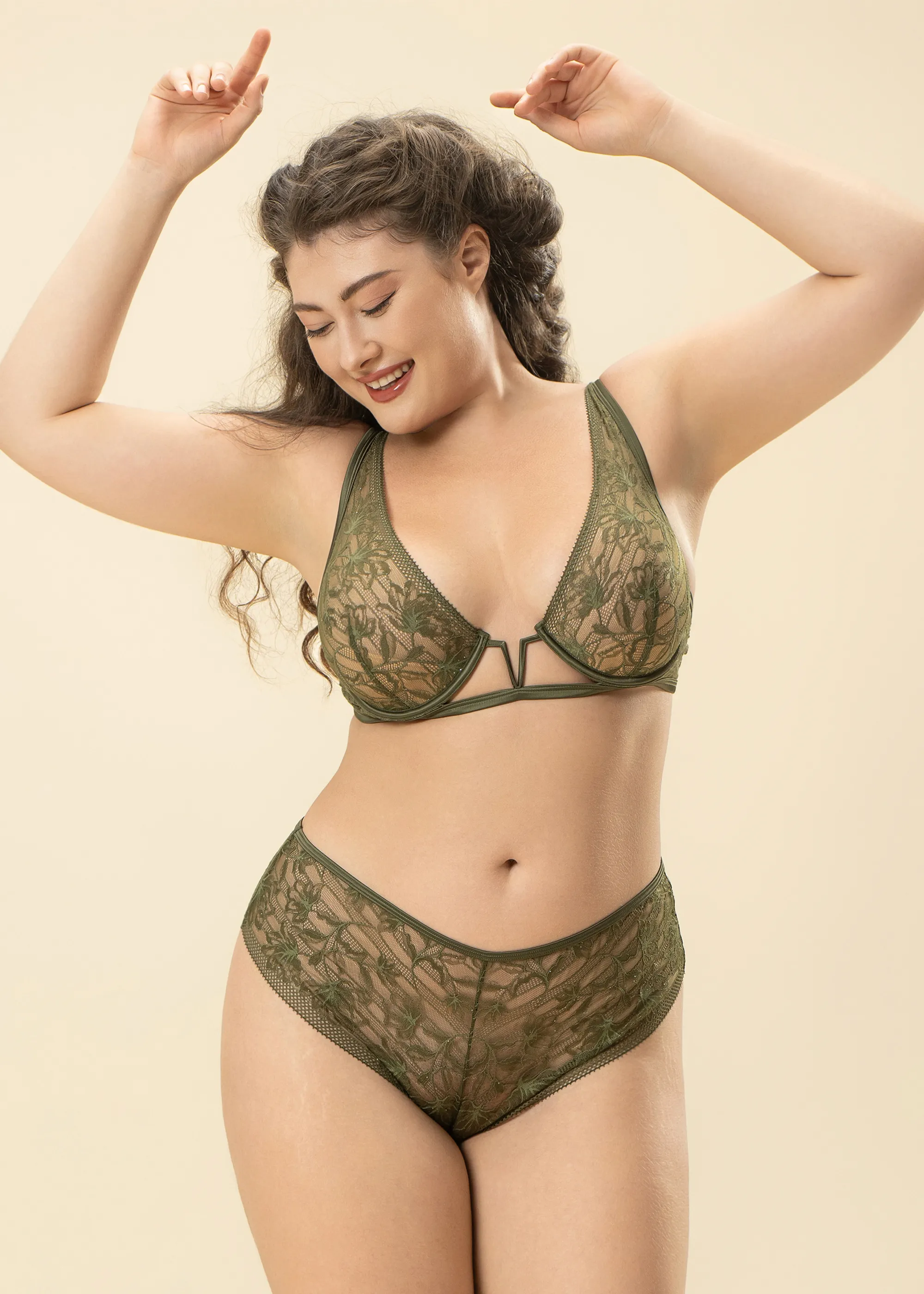 SERAPHINA Olive Green Lace Sparkling Plus Bra & Panty Set sold by UCA Lingerie product image thumbnail 2