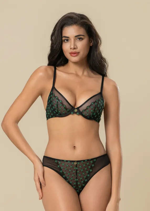 JOCELYN Black Lace Green Embroidery Lingerie Set sold by UCA Lingerie