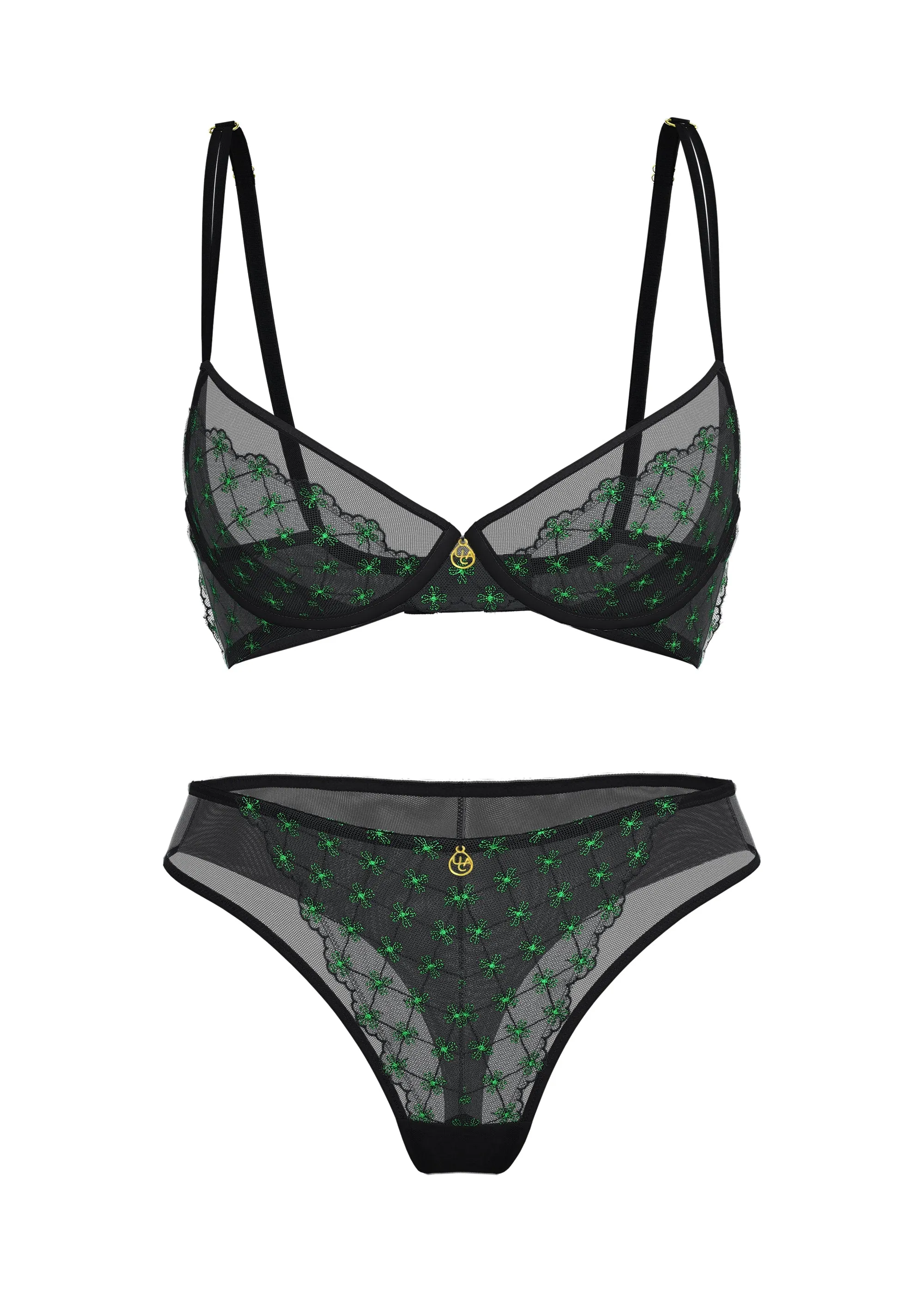JOCELYN Black Lace Green Embroidery Lingerie Set sold by UCA Lingerie product image thumbnail 5