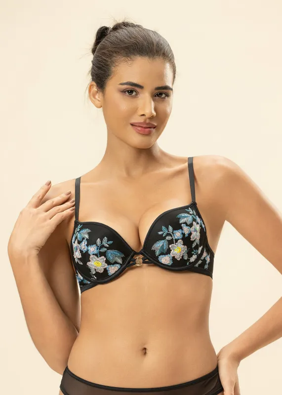 ELARA Black Blue Floral Embroidery Lace Push-Up Bra sold by UCA Lingerie