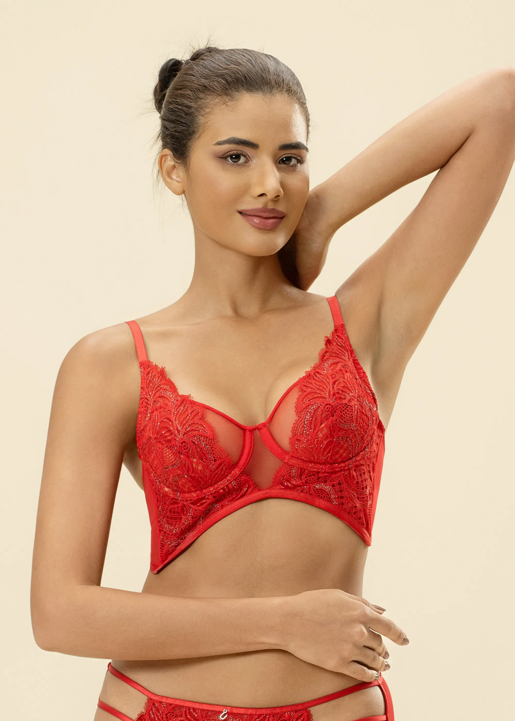 BLAIR Red Floral Lace Unlined Plunge Long Bra With Shining Embroidery sold by UCA Lingerie