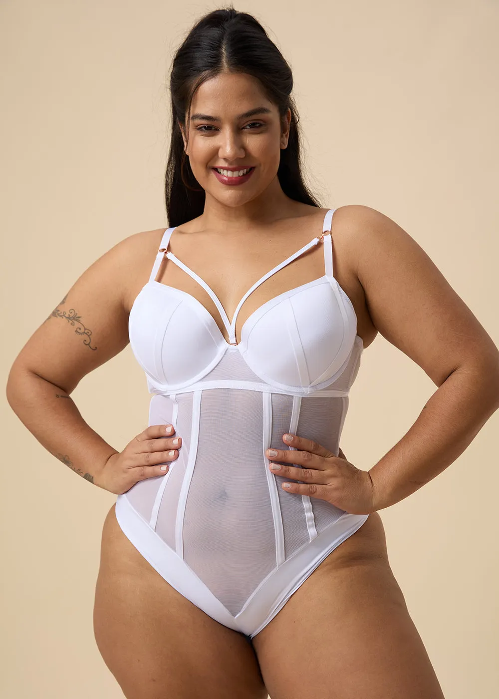 TINA Plus Sexy Push-Up Mesh White Bodysuit sold by UCA Lingerie