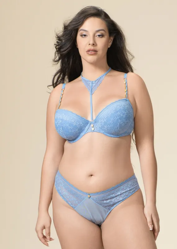 MOLLY Plus Underwired Blue Floral Lace Demi Bra with Detachable Neck Holder sold by UCA Lingerie