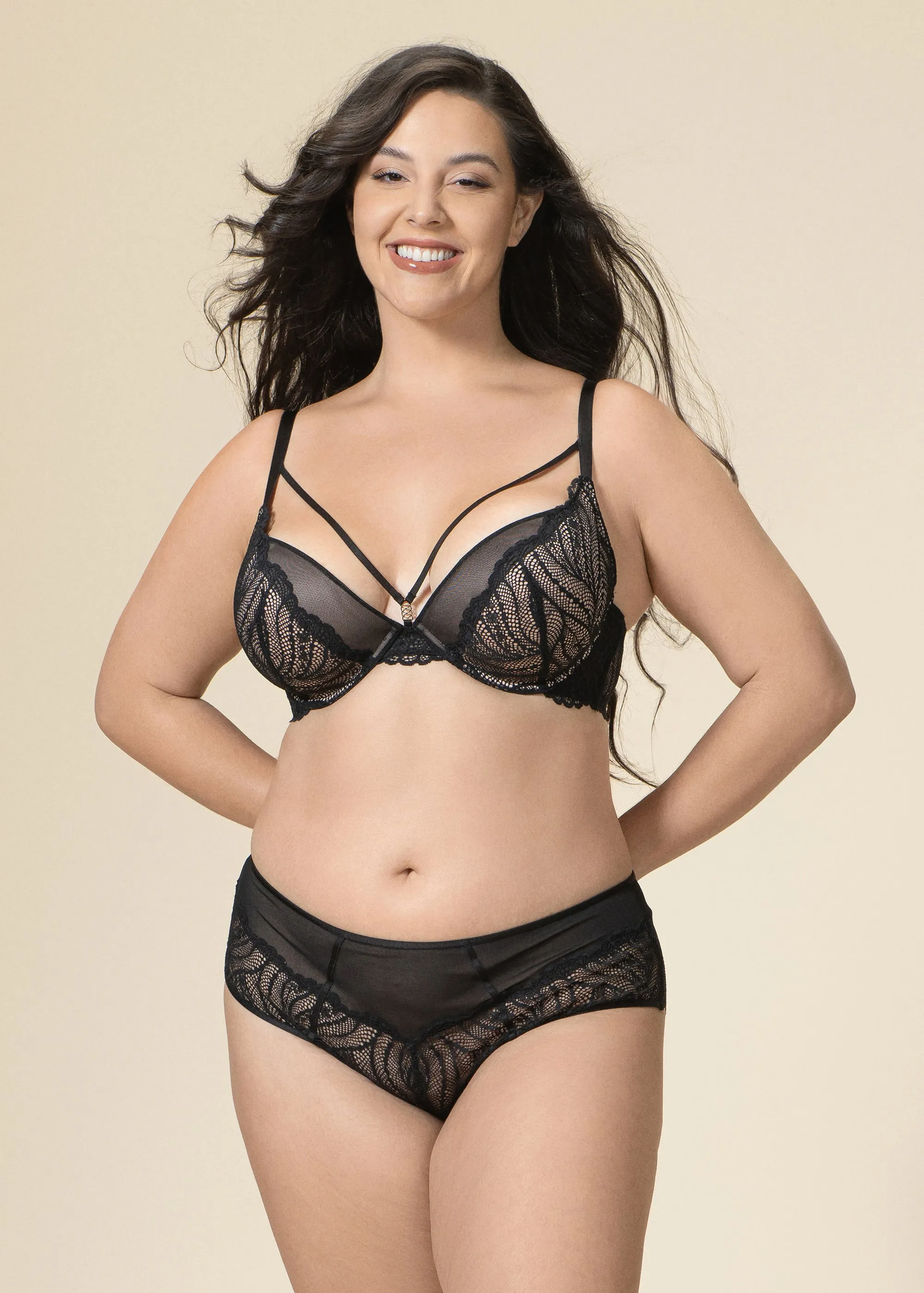 DAHLIA Plus Seductive Black Underwired Plunge Lace Demi Bra sold by UCA Lingerie