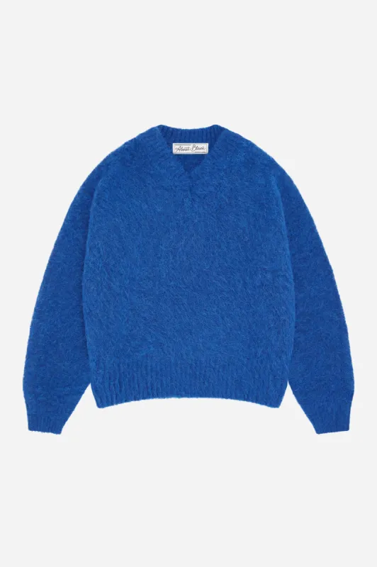 brushed alpaca v-neck jumper cerulean blue sold by about:blank