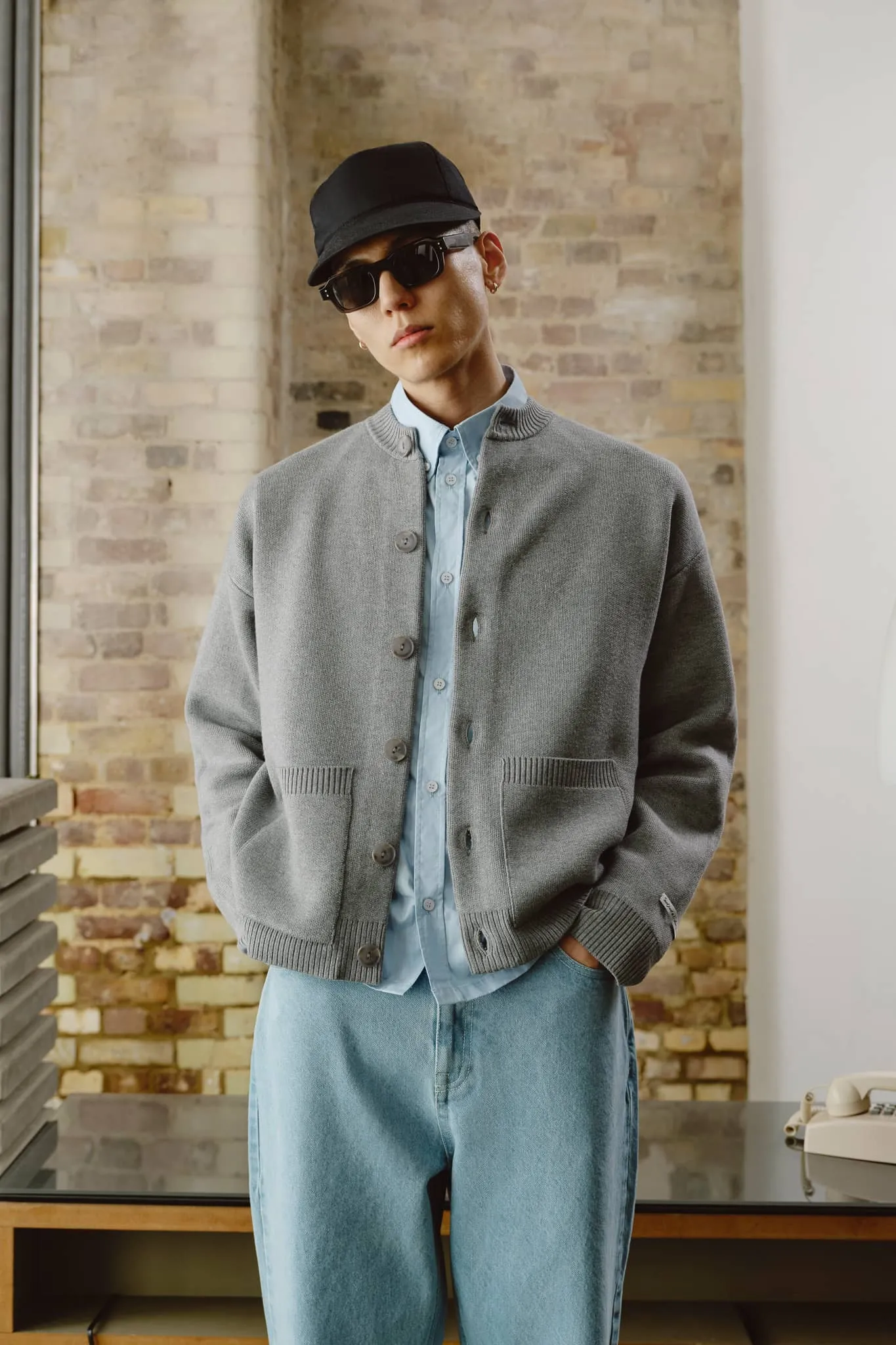 collarless knitted cardigan grey sold by about:blank product image thumbnail 5