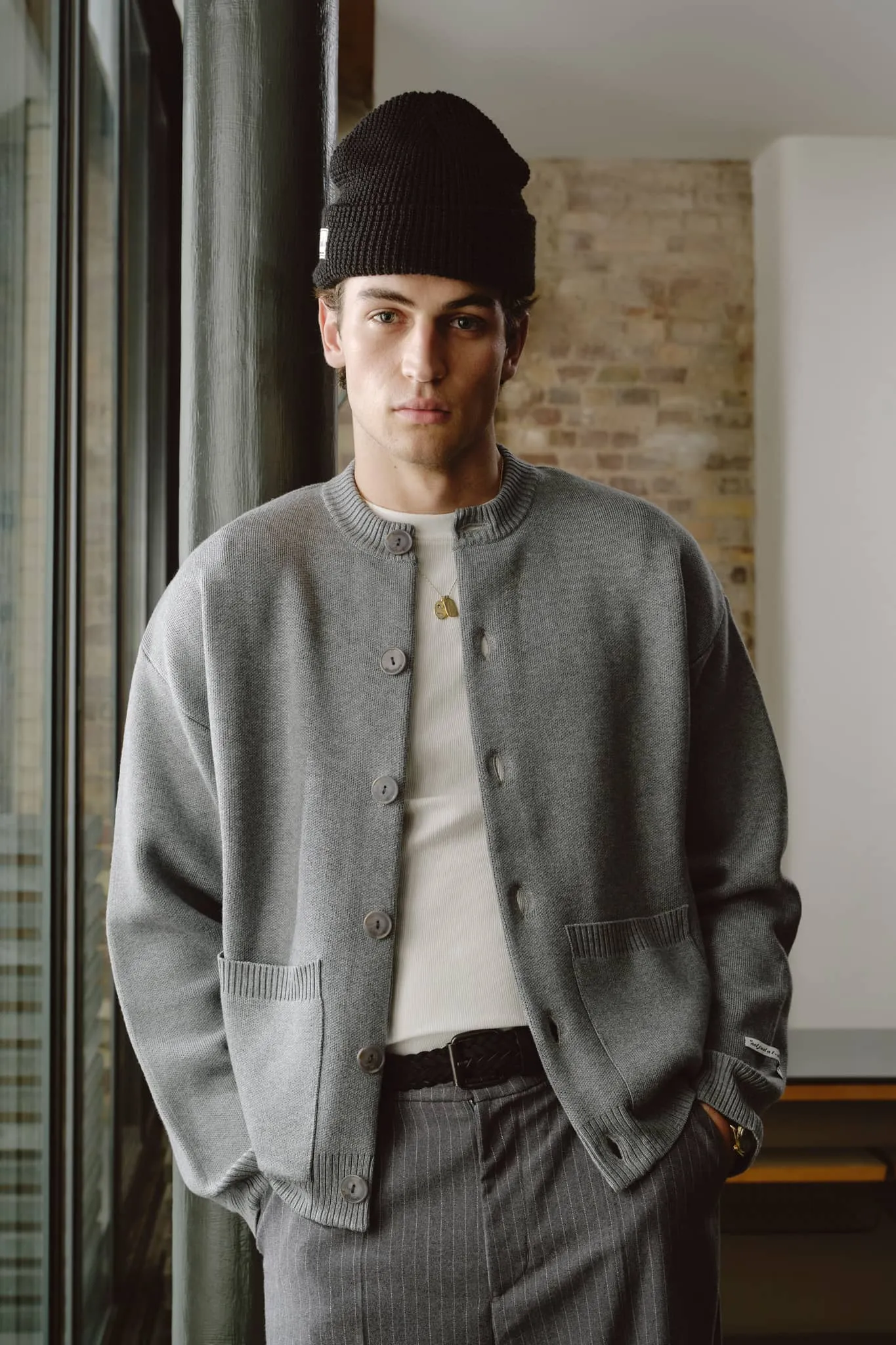 collarless knitted cardigan grey sold by about:blank product image thumbnail 2