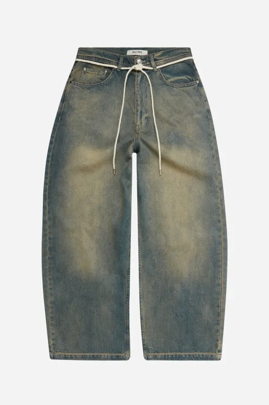 wide leg denim jean dirty wash sold by about:blank