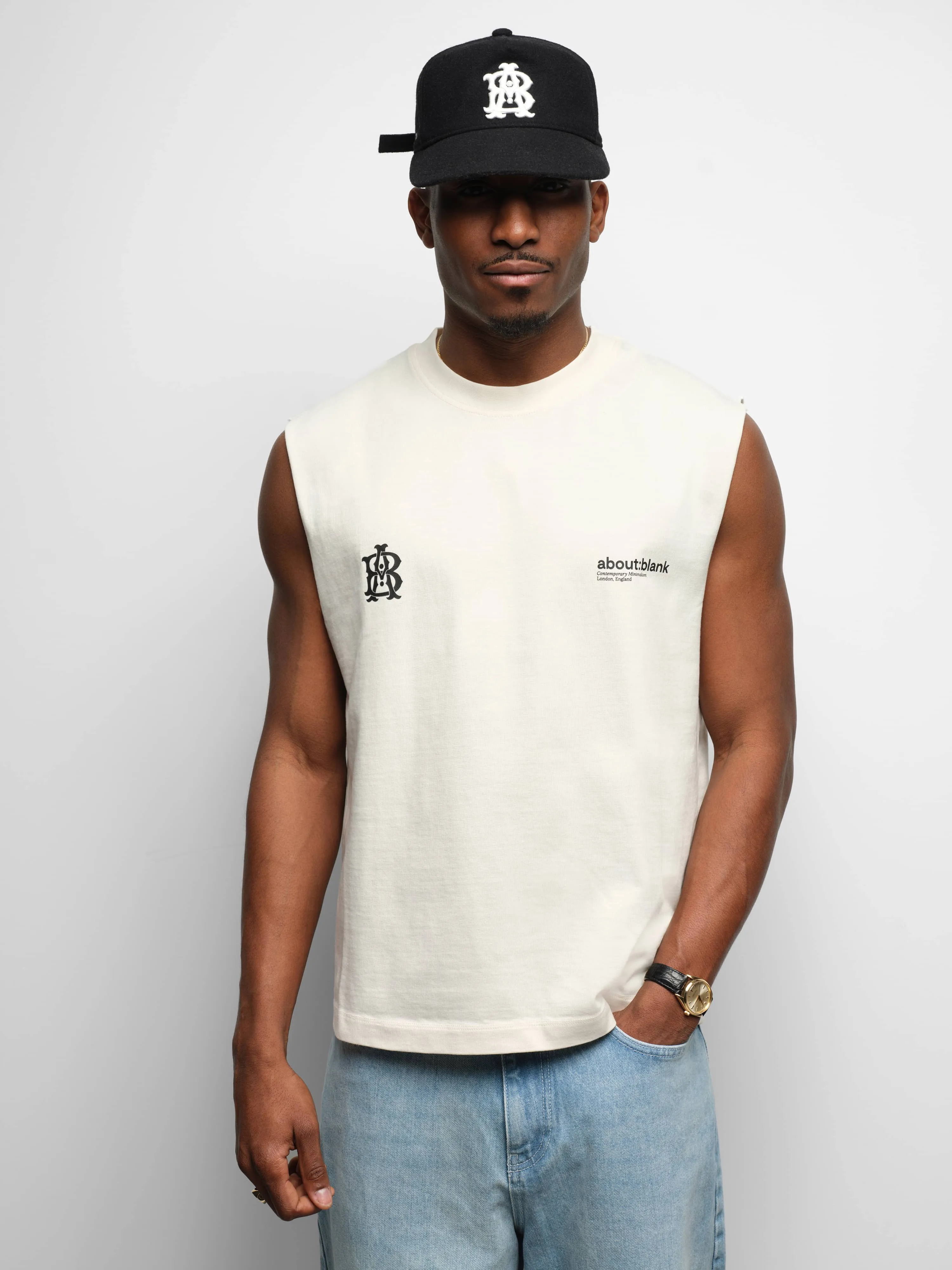 dual logo sleeveless t-shirt oat sold by about:blank product image thumbnail 3