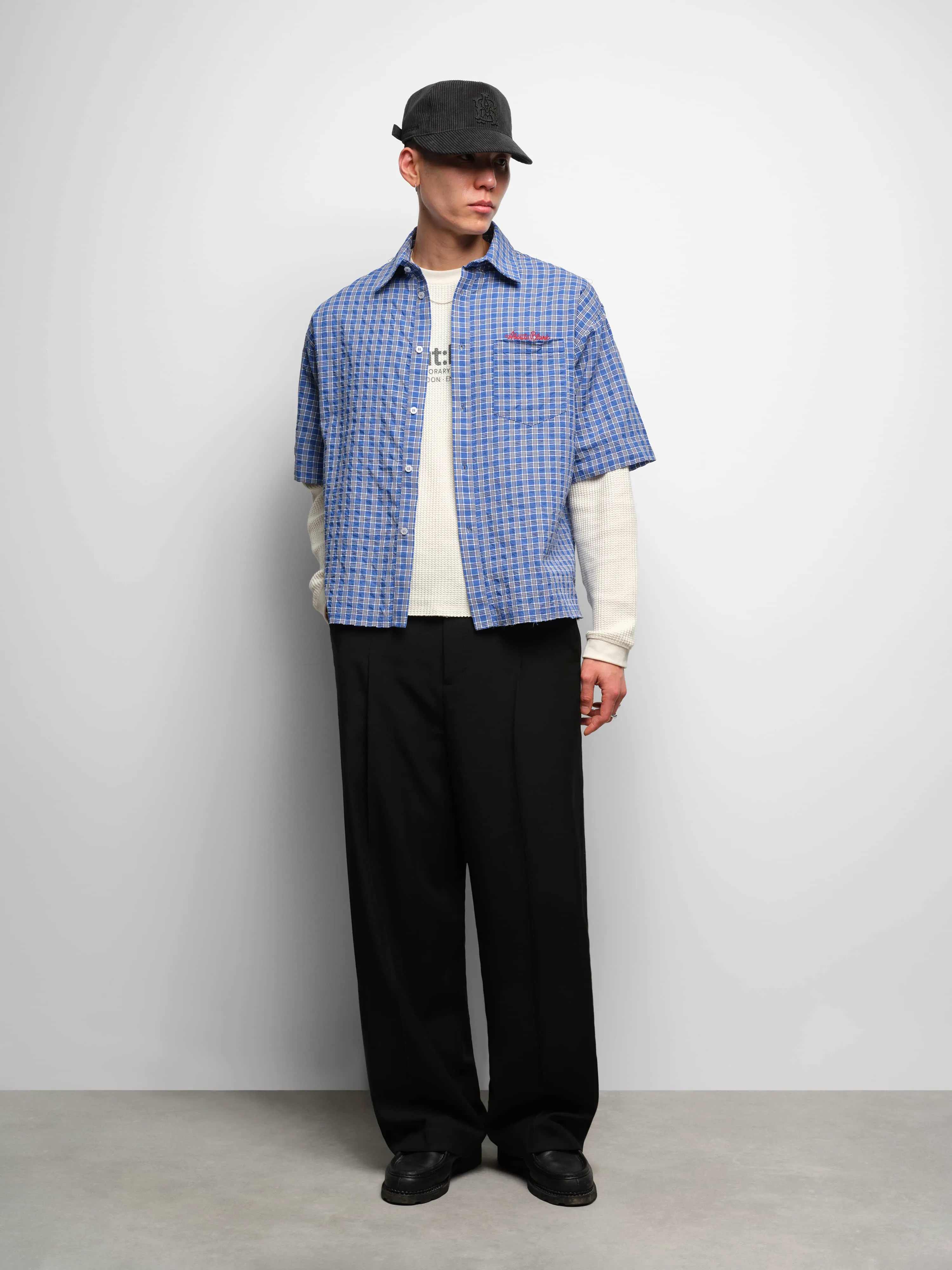 raw hem short sleeve check shirt blue sold by about:blank product image thumbnail 2