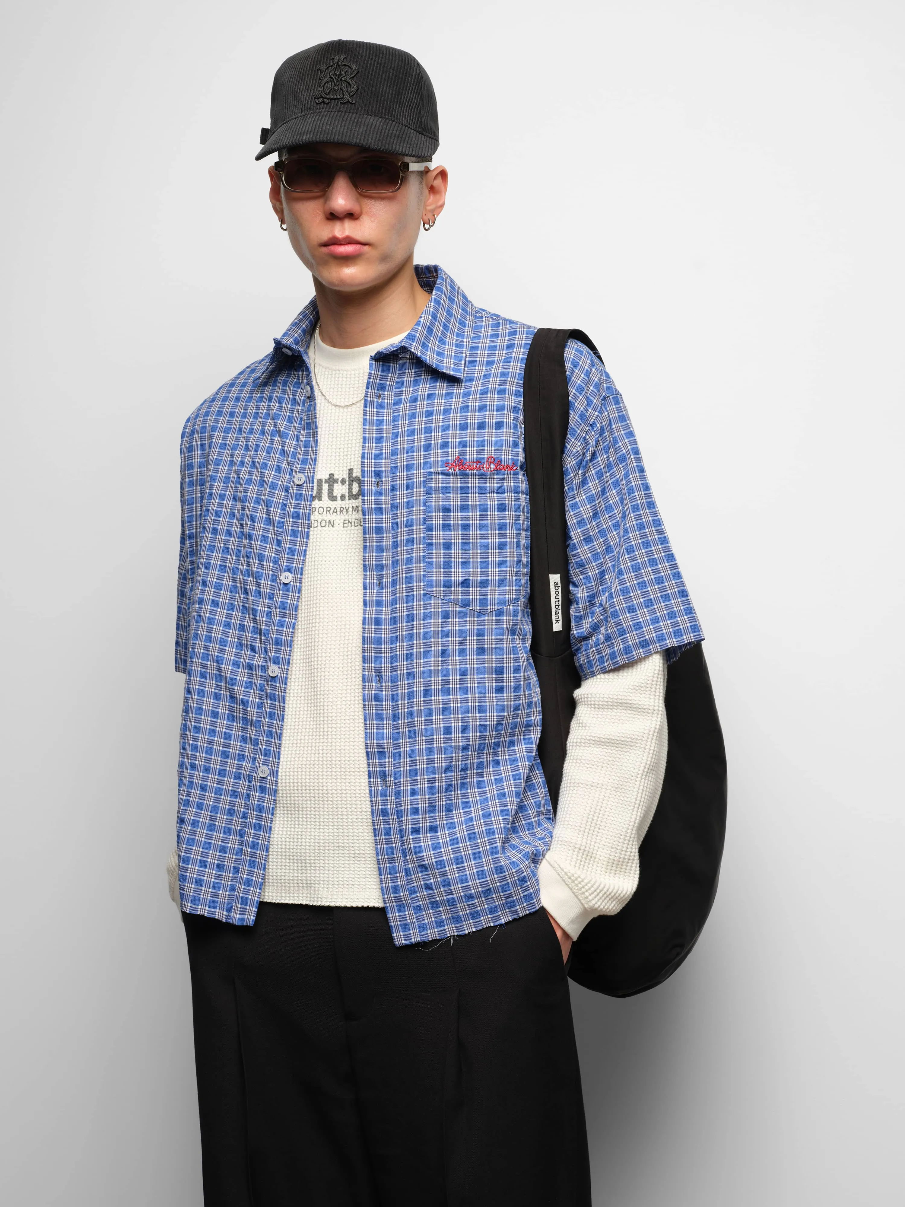 raw hem short sleeve check shirt blue sold by about:blank product image thumbnail 4