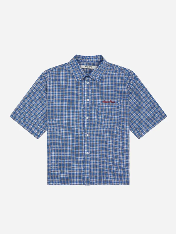 raw hem short sleeve check shirt blue made by about:blank