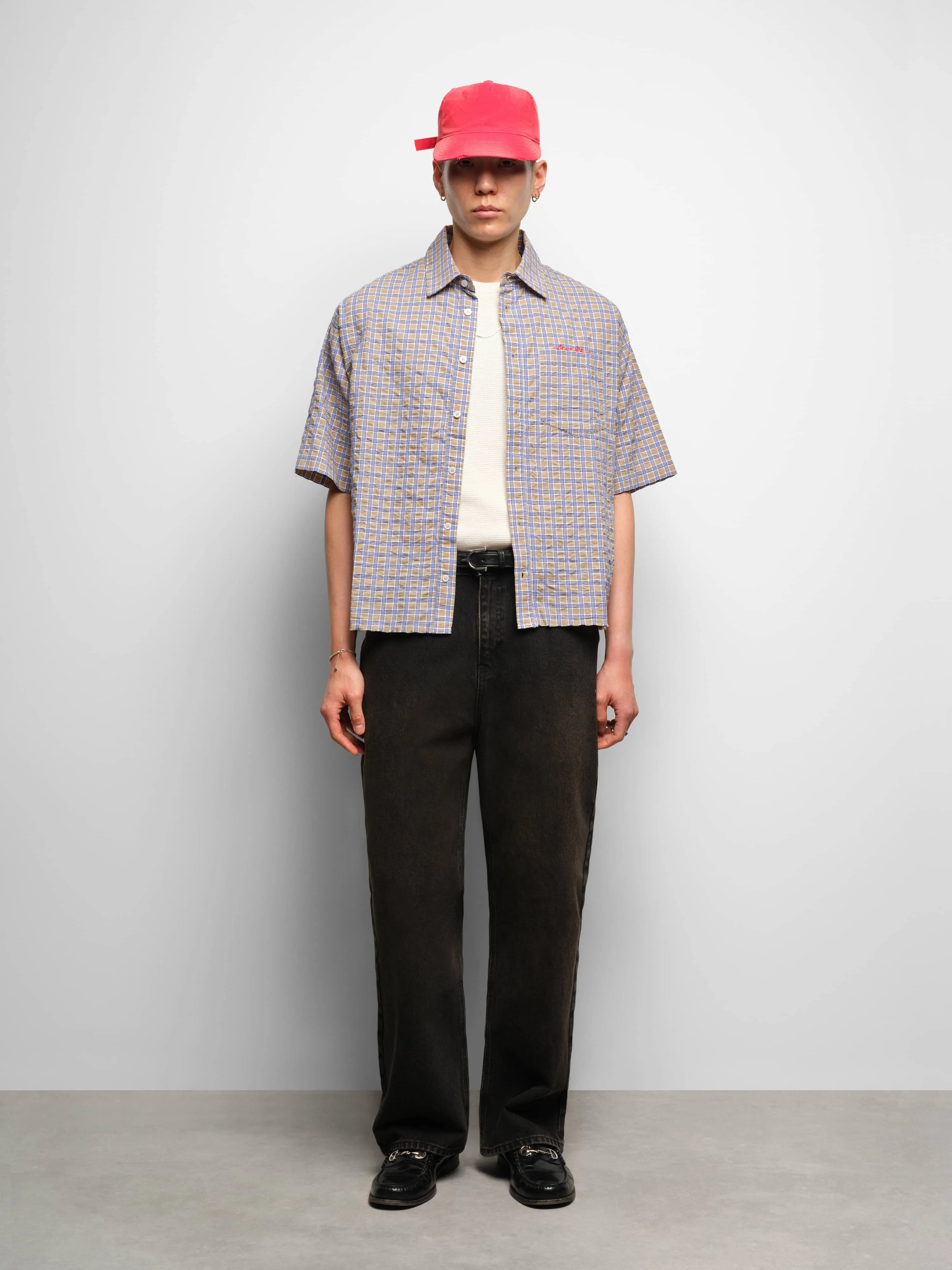 raw hem short sleeve check shirt tan sold by about:blank product image thumbnail 2