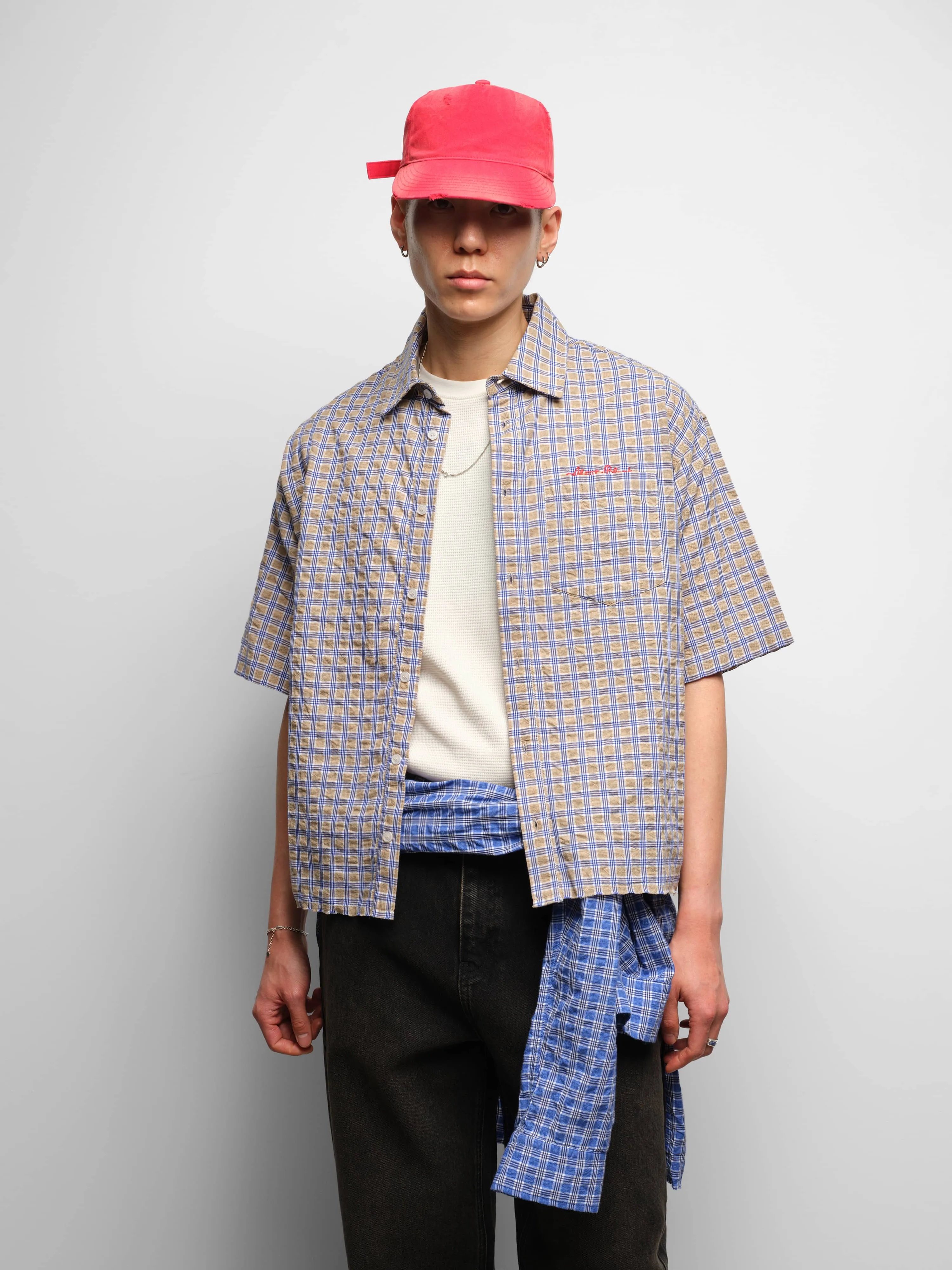 raw hem short sleeve check shirt tan sold by about:blank product image thumbnail 4