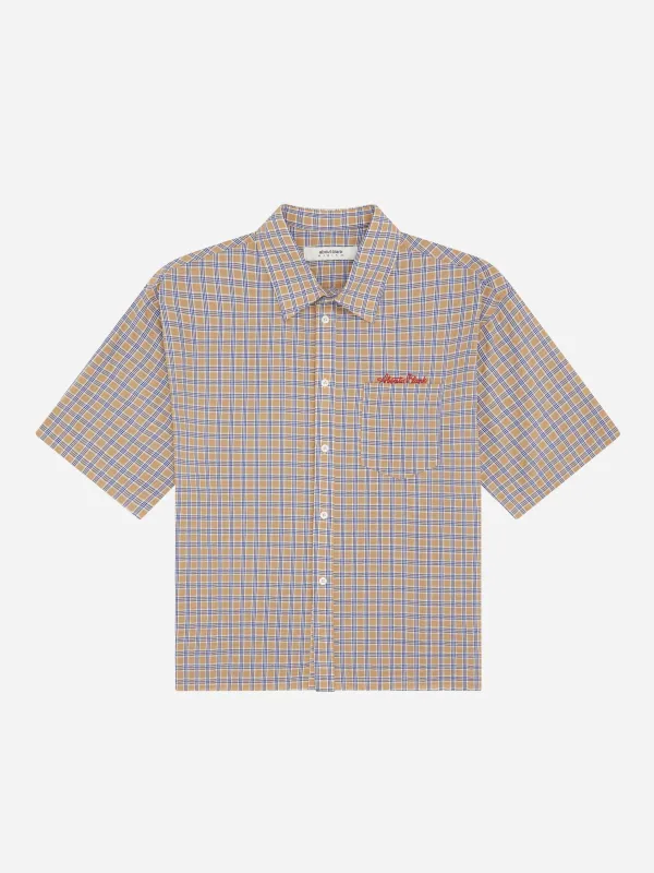 raw hem short sleeve check shirt tan made by about:blank