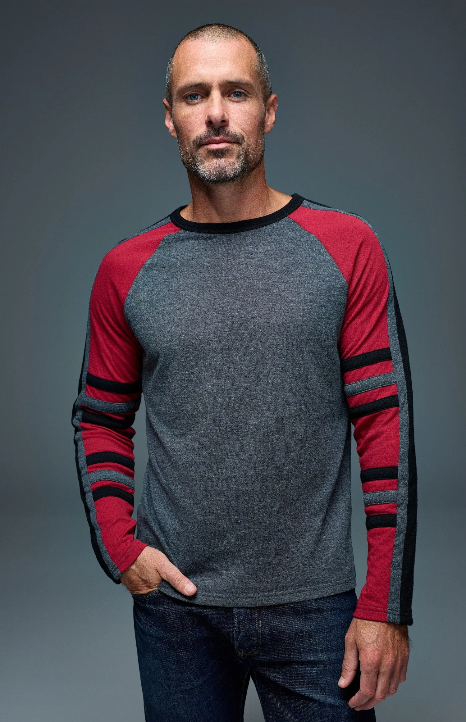 Saxon Raglan Stripe Crew | Heather Black sold by Alp N Rock product image thumbnail 3