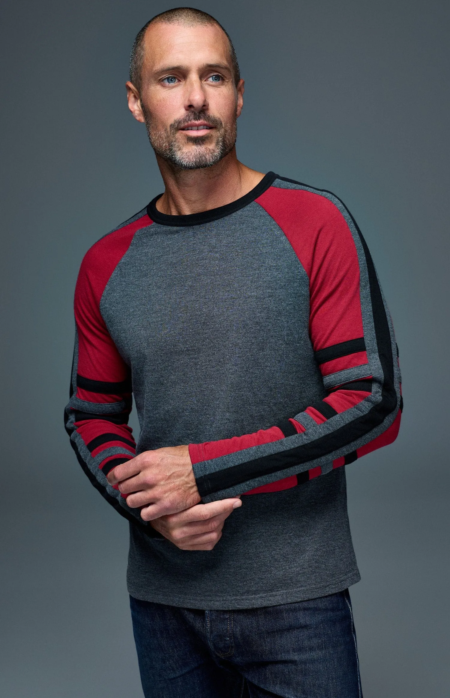 Saxon Raglan Stripe Crew | Heather Black sold by Alp N Rock