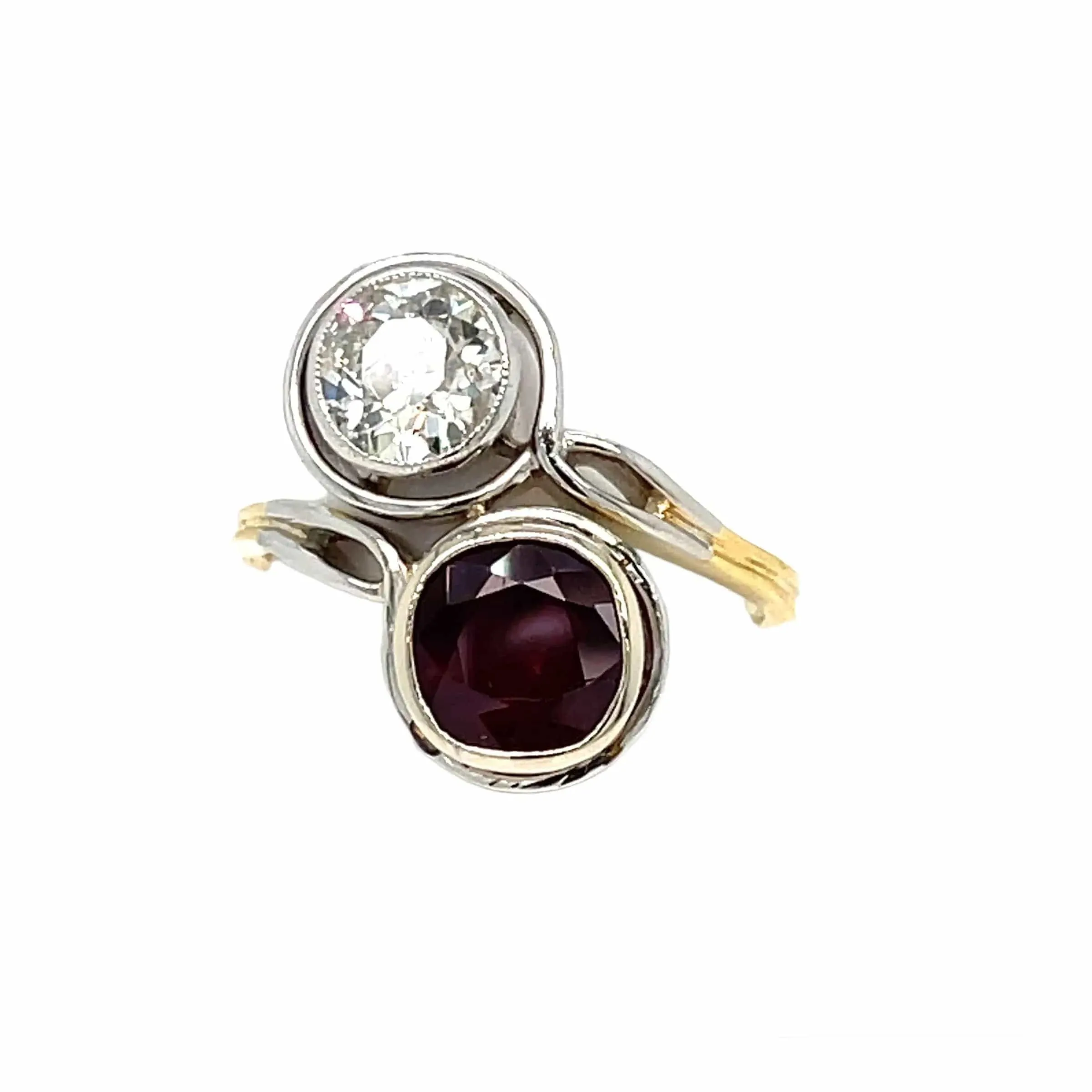Antique Diamond Ruby Platinum Gold Vous et Moi Ring sold by 58 Facettes